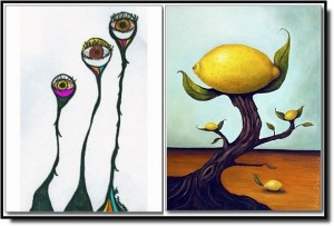 Kaksi hahmoa surrealistisessa, unenomaisessa maisemassa