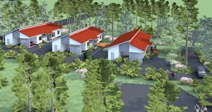 Koulurakennus, jossa on useita ikkunoita ja tiilikatto