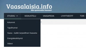 Vaasalaisia.info-sivuston etusivu, jossa on sivuston logo ja valikko