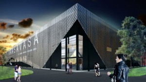 Uusi jalkapallostadion rakennusvaiheessa, taustalla kaupunkimaisema
