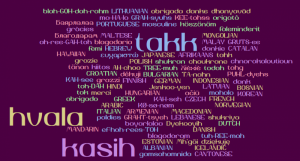 Kiitos-sana kirjoitettuna useilla eri kielillä