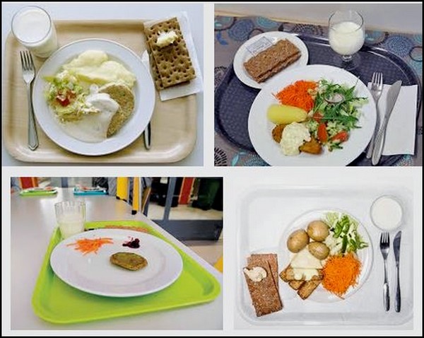 Kouluruoka-annos: perunoita, kastiketta, kasviksia ja leipää