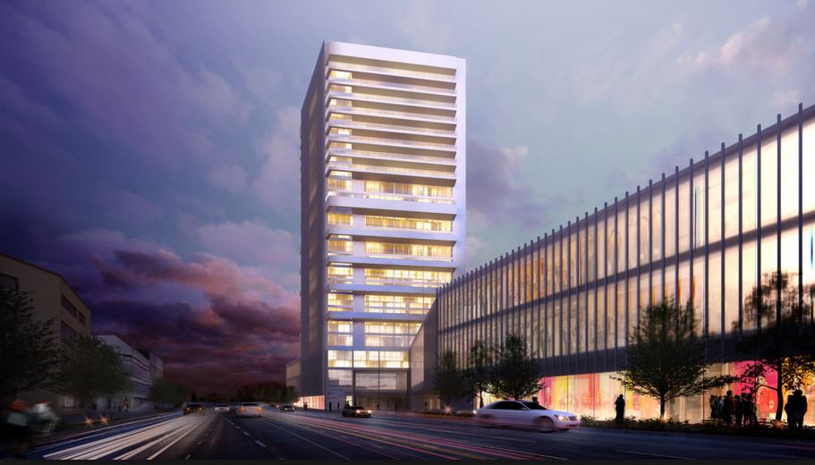 Wasa Station -rakennuskompleksin havainnekuva, jossa näkyy useita rakennuksia