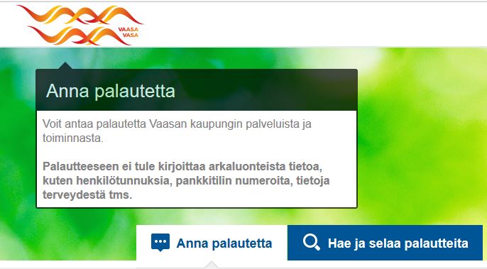 Vaasan kaupungin palautelomake, jossa lukee "Anna palautetta"