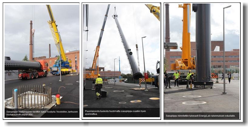 Nosturi nostaa suurta savupiippua yliopiston rakennusten keskellä