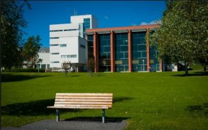 Opiskelijoita Vaasan yliopiston kampuksella, taustalla moderni rakennus