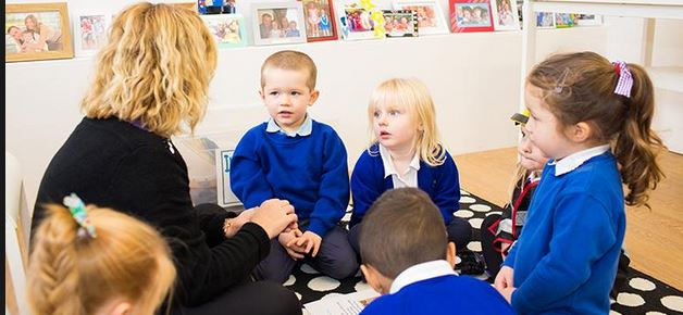 Iloisia koululaisia reppuineen matkalla kouluun
