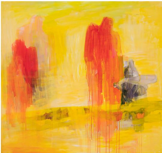 Panu Ruotsalon abstrakti maalaus, jossa luonnon muodot ja värit yhdistyvät