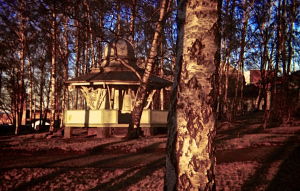 Pakkahuoneenpuiston vesipaviljonki Vaasan rannalla, puut reunustavat