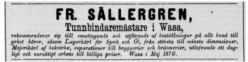 Frans Sällergren, tynnyrintekijä, perheineen muutti Vaasaan 1876