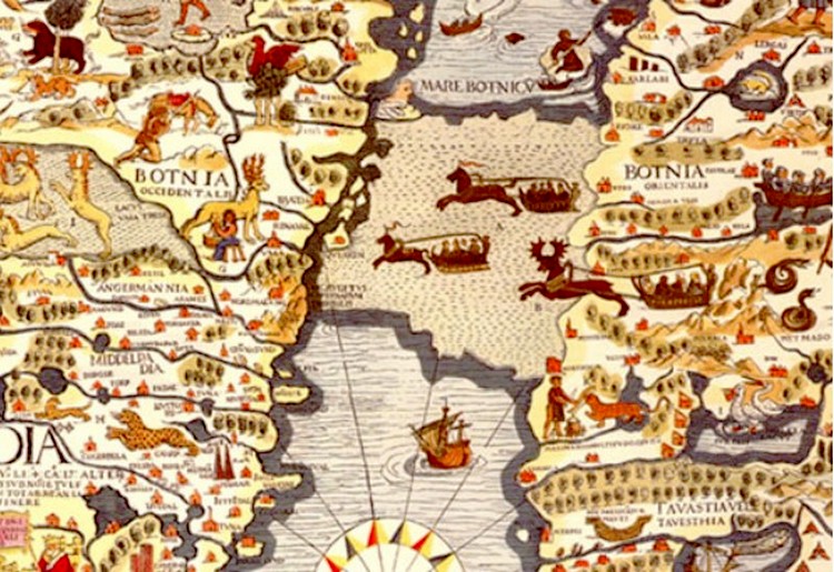 Merenkurkun kartta, joka esittää alueen historiaa ja maantiedettä